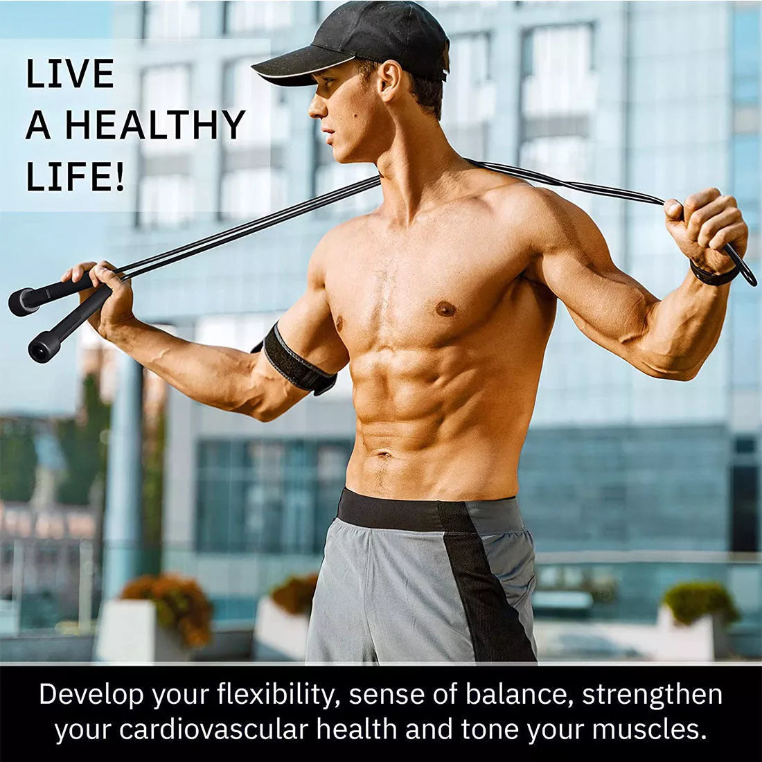 Black PVC skipping rope for fitness, 2.8 metres in length