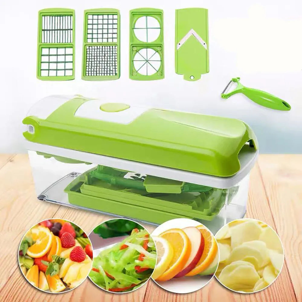 Green 12-piece manual vegetable chopper set with stainless steel blades on kitchen counter