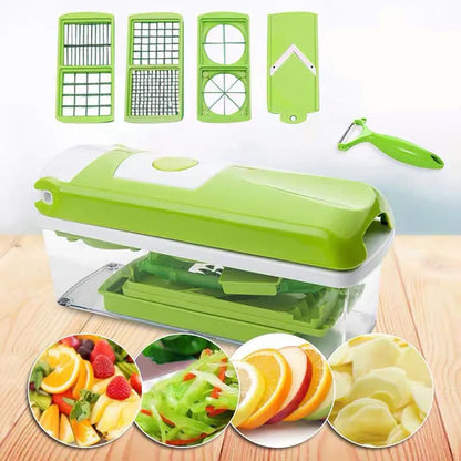 Green 12-piece manual vegetable chopper set with stainless steel blades on kitchen counter