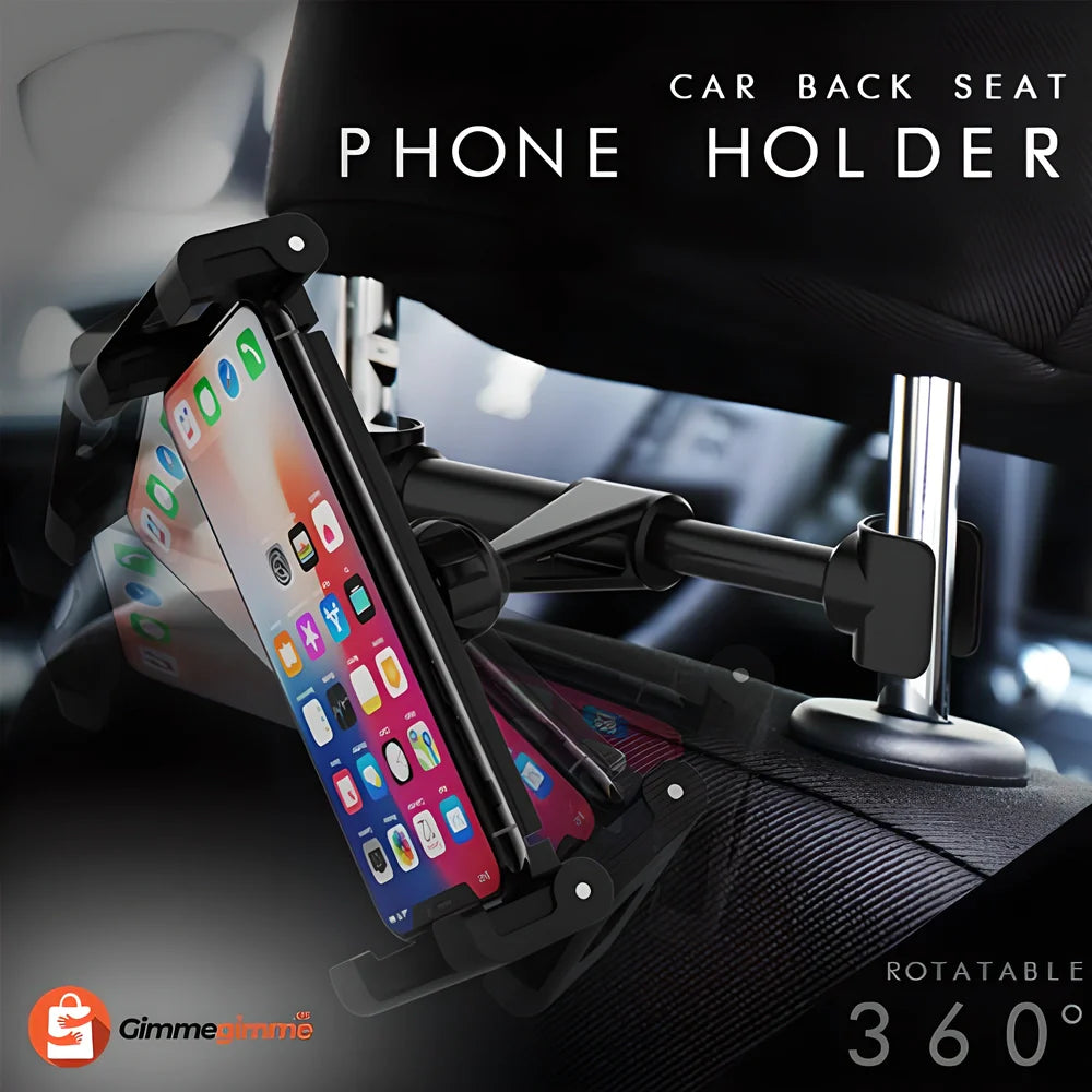 Hands-free car backseat mount for smartphones and tablets, with 360-degree rotation and shockproof protection