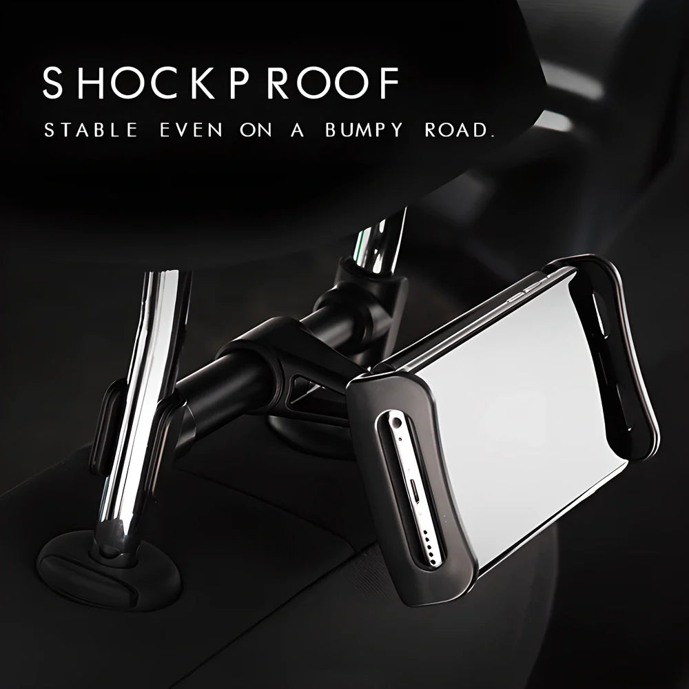Hands-free car backseat mount for smartphones and tablets, with 360-degree rotation and shockproof protection