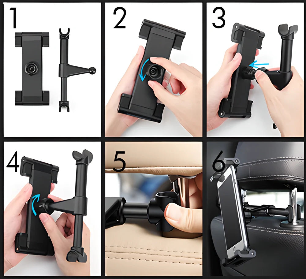 Hands-free car backseat mount for smartphones and tablets, with 360-degree rotation and shockproof protection