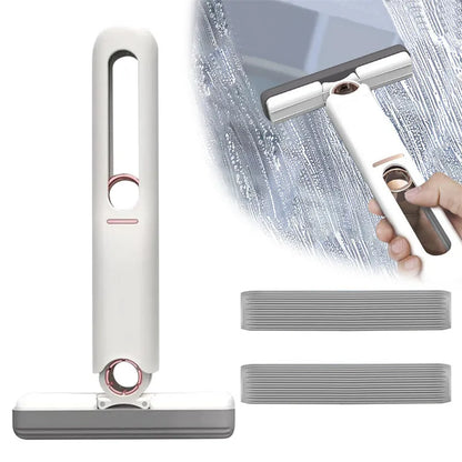 Mini sponge squeeze mop with plastic handle and biodegradable cotton cleaning head on various surfaces