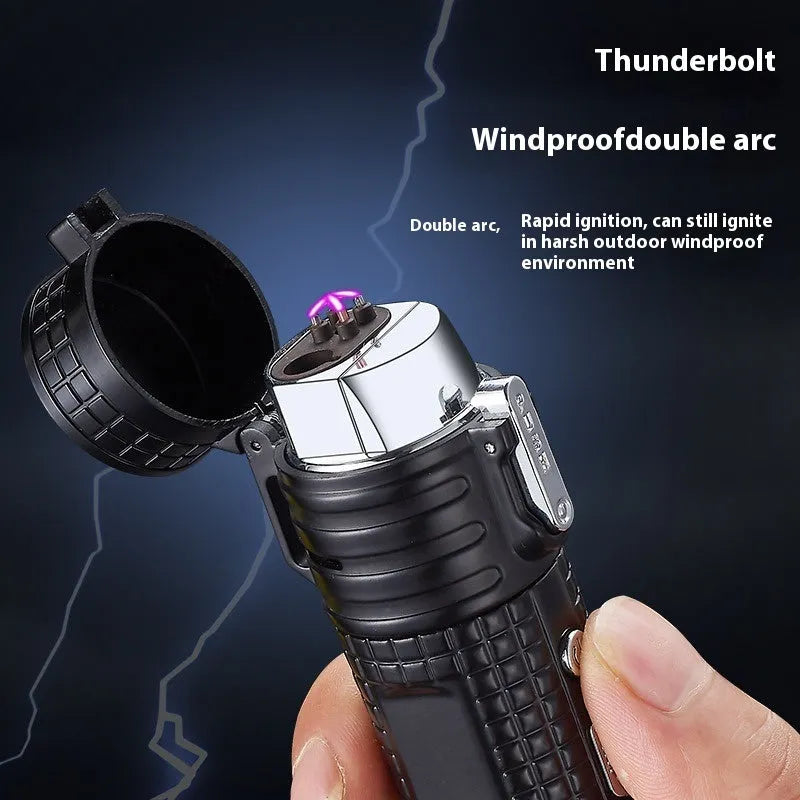 TH727 metal waterproof flashlight lighter in camouflage colour, showing ignition button and torch LED.