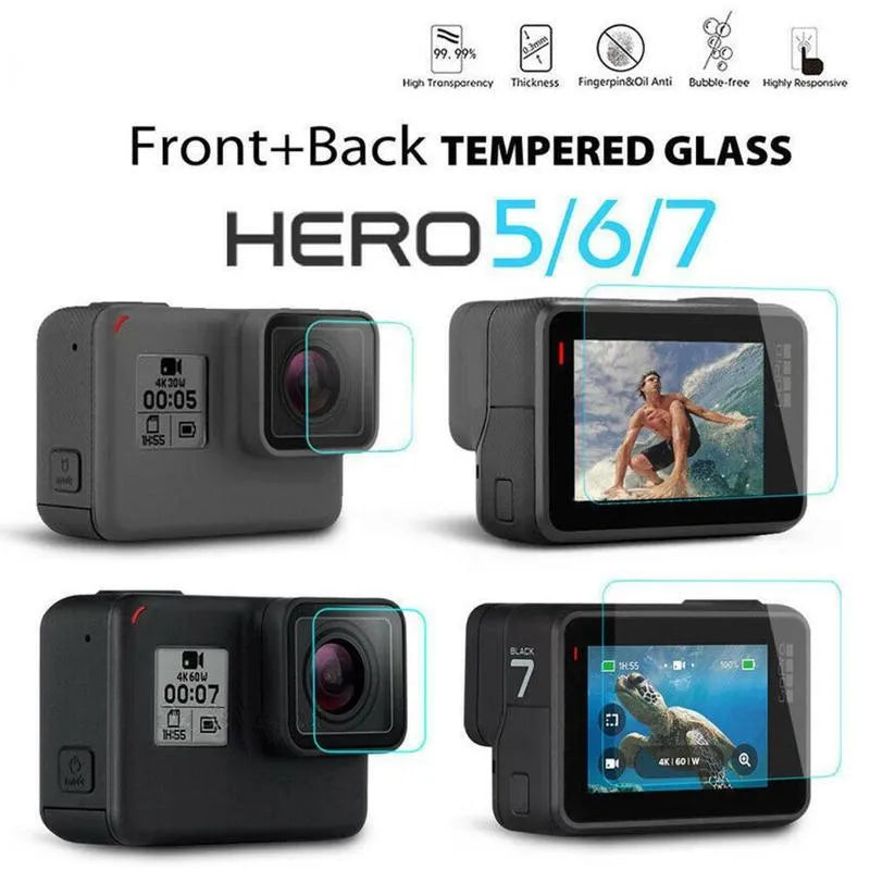 GoPro Hero 5/6/7 transparent 9H tempered glass lens and LCD screen protector films