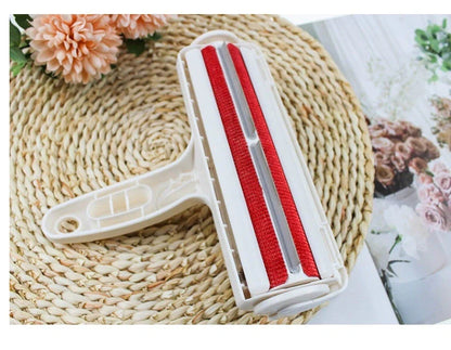 Efficient pet hair remover tool in red and blue for furniture and carpets