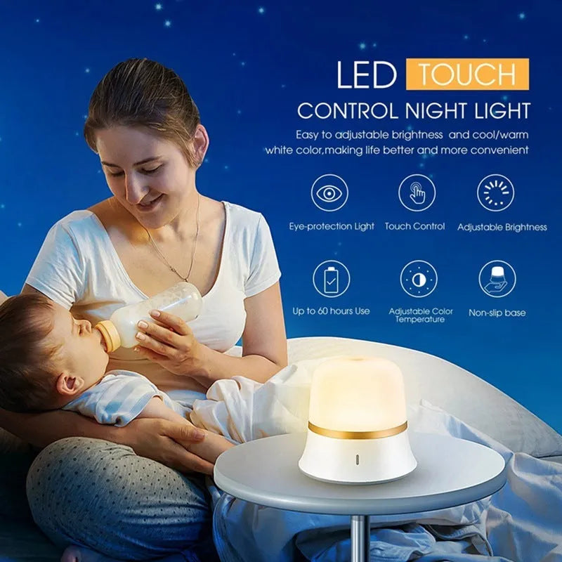 White rechargeable bedside night light with touch controls showing dimming and colour options