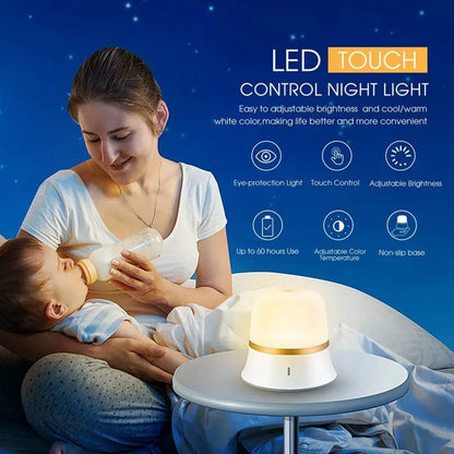 White rechargeable bedside night light with touch controls showing dimming and colour options