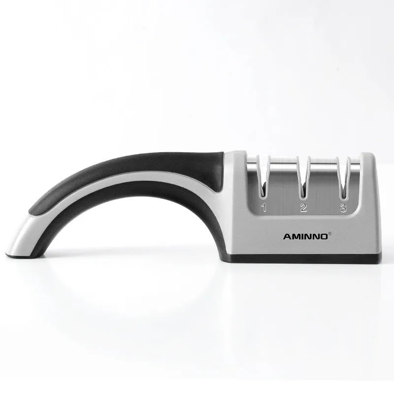 Four-in-one kitchen knife sharpener with 304 stainless steel body and ABS/TPR handle in black colour