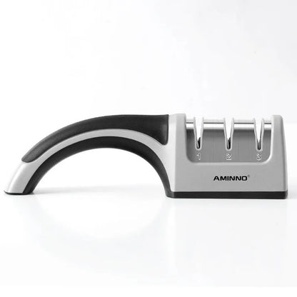 Four-in-one kitchen knife sharpener with 304 stainless steel body and ABS/TPR handle in black colour