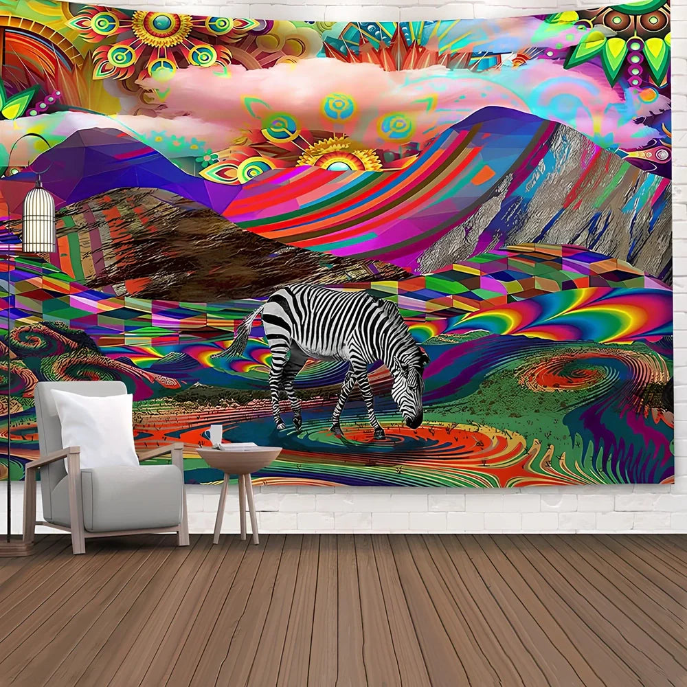Bohemian psychedelic sunset pattern tapestry blanket in polyester, 150x100cm short plush size, machine woven for dorm walls
