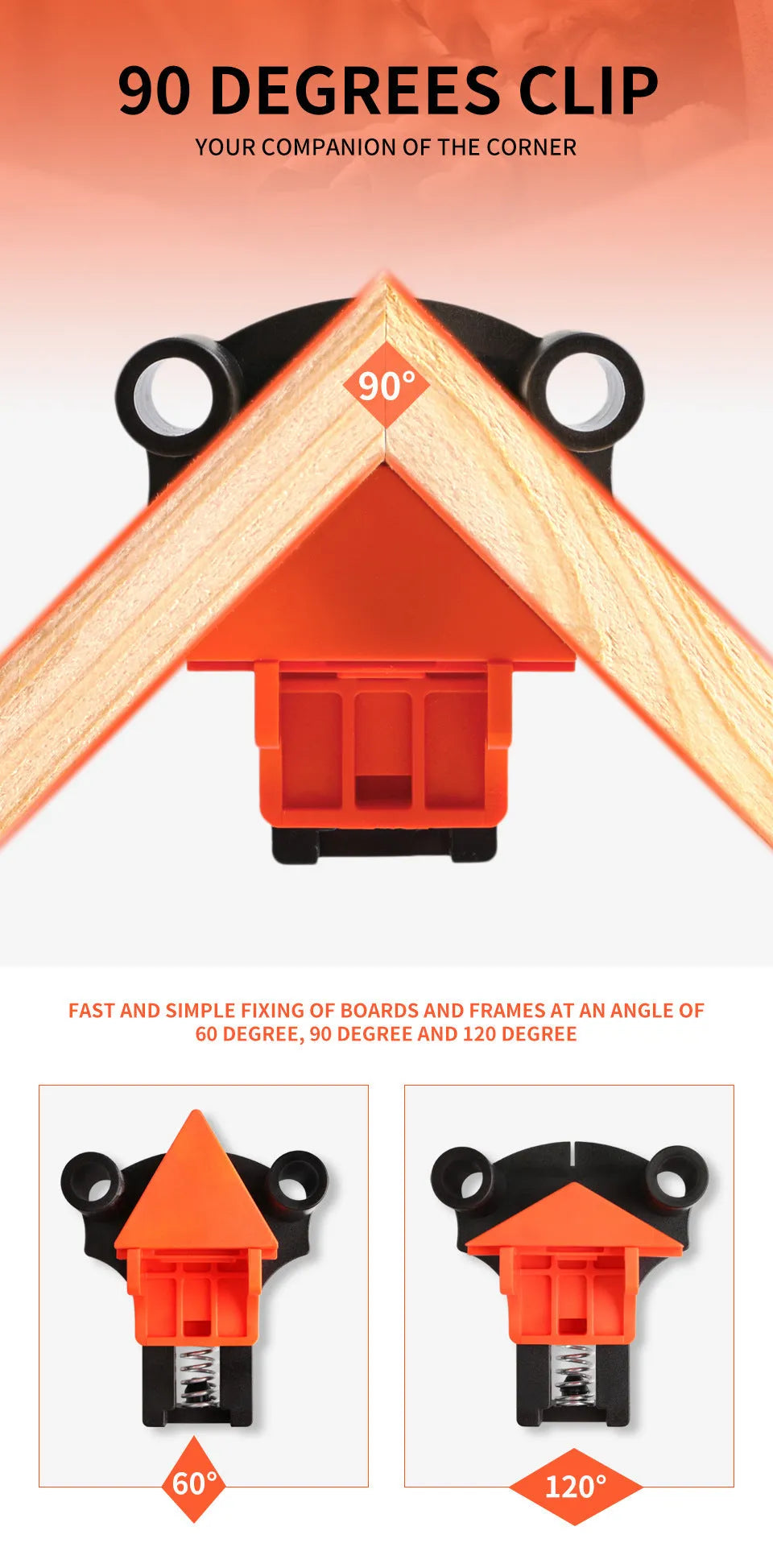 Four white plastic right angle clamps for woodworking and picture frame assembly on a workbench.