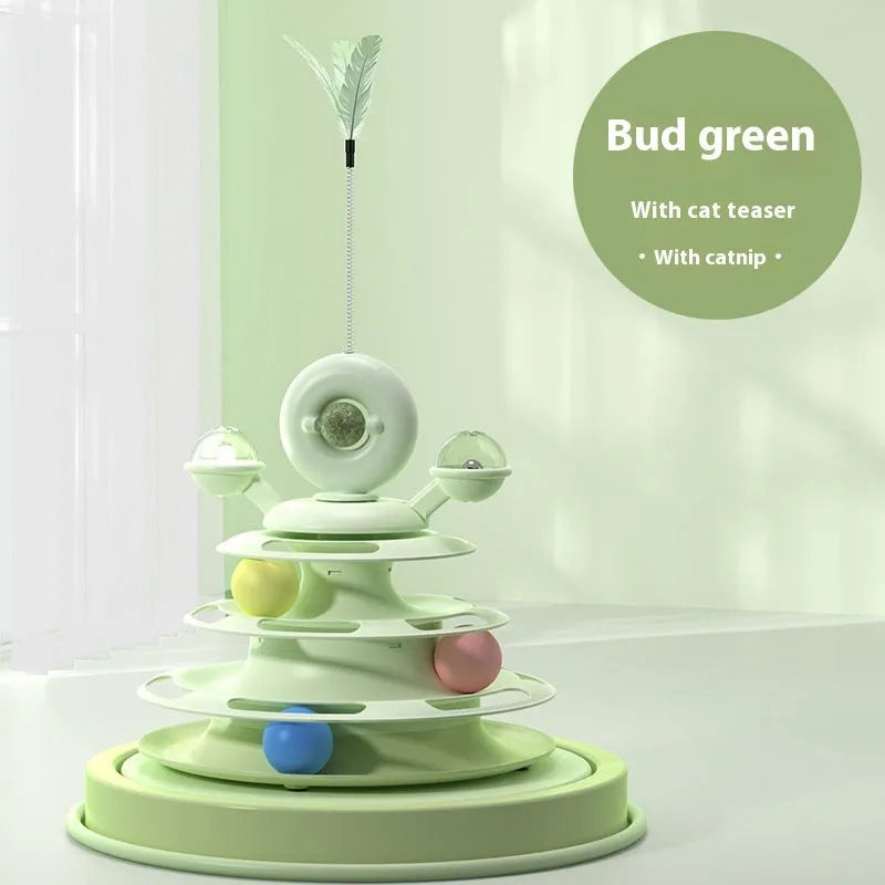 Four-level cat toy turntable tower with roller balls and 360-degree top ball in PP