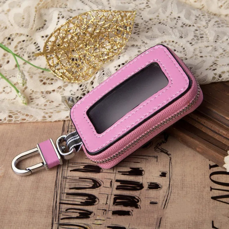 Genuine leather car key case for universal car keys, square vertical design measuring 8.3 x 5 x 2 cm, protective plain weave leather key fob holder with key bag included for secure key storage and easy access