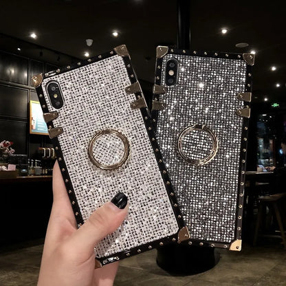 Square TPU mobile phone case in silver colour with a visible flash diamond bracket on the back