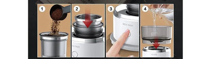 White smart pour-over coffee maker with stainless steel filter on kitchen countertop