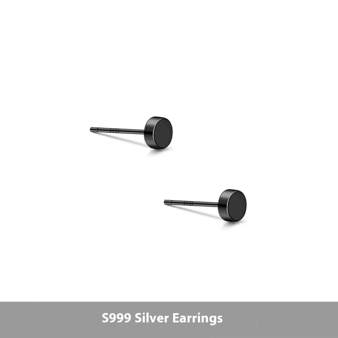 S999 sterling silver round flat bone stud earrings in silver or black, showing size range from 3mm to 8mm.