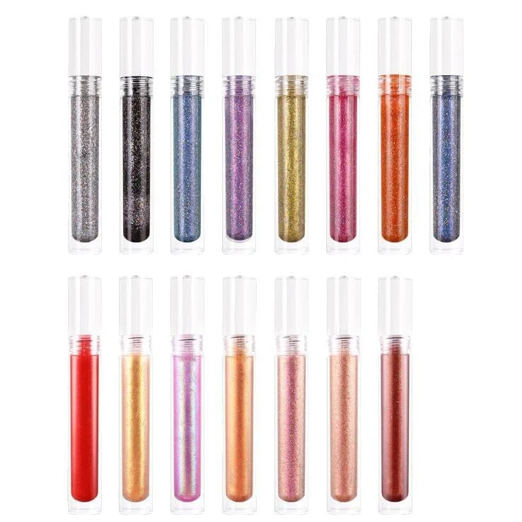 15 Colour Laser Lip Lacquer tubes showing waterproof formula with laser powder technology