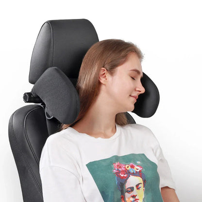 Adjustable car seat headrest pillow with memory foam support in grey, beige, black, and coffee colors