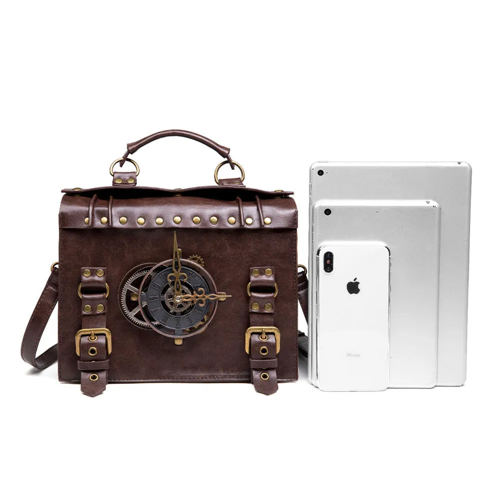 Bronze steampunk industrial retro shoulder bag with metal hardware on horizontal square pillow bag design