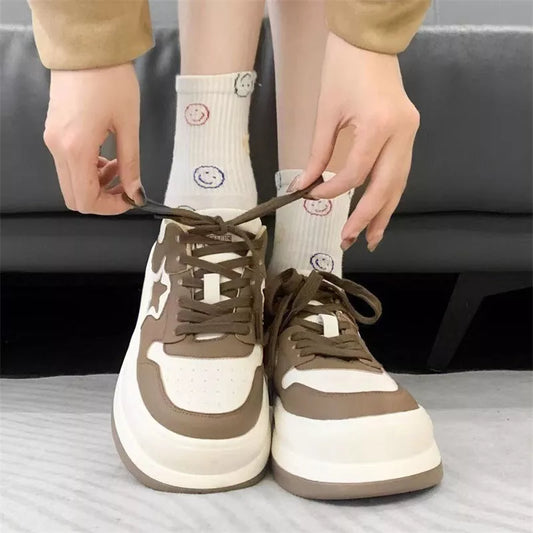 Women's Star Round Head Heightening Sneakers in black and khaki
