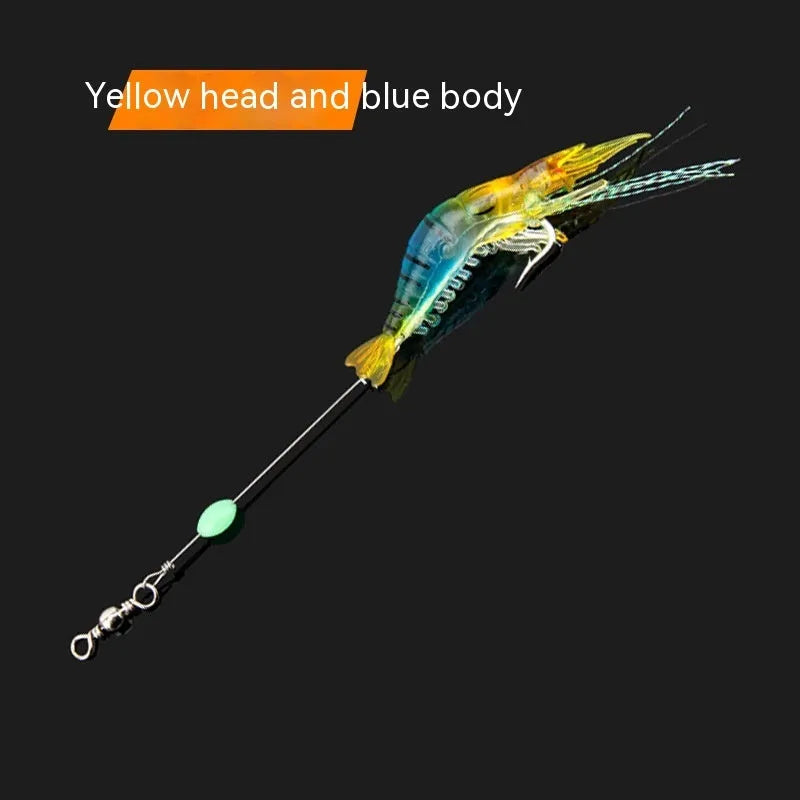 Six soft plastic fishing lures with hooks in various colours including luminous patterns