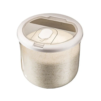 Clear plastic grain storage tank with sealed lid and included rice measuring cup