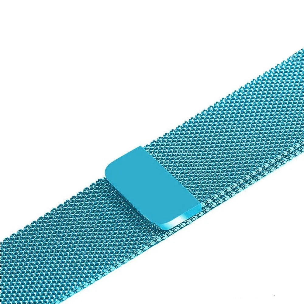 Stainless steel Apple Watch strap in silver on a wrist, showing the metal links and secure clasp.