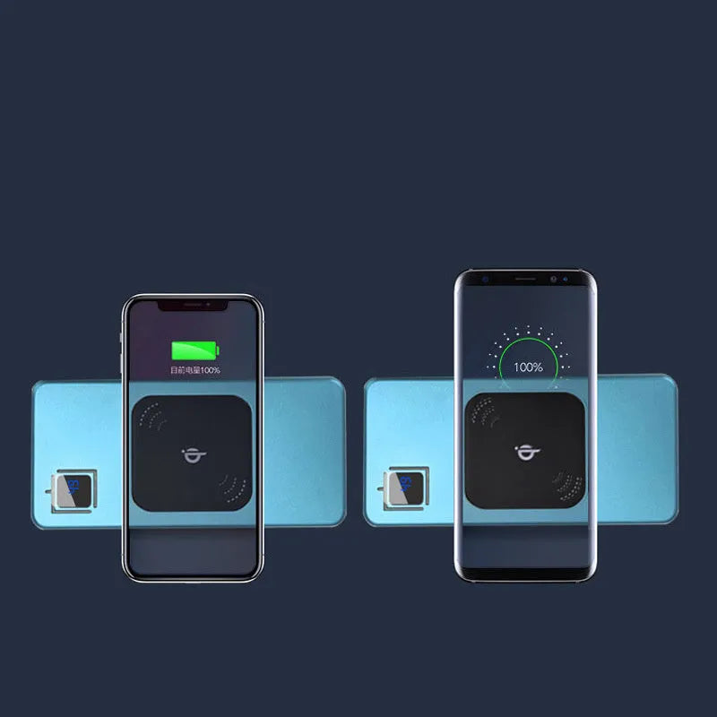 Slim black alloy power bank with LCD screen showing battery percentage, next to a smartphone.