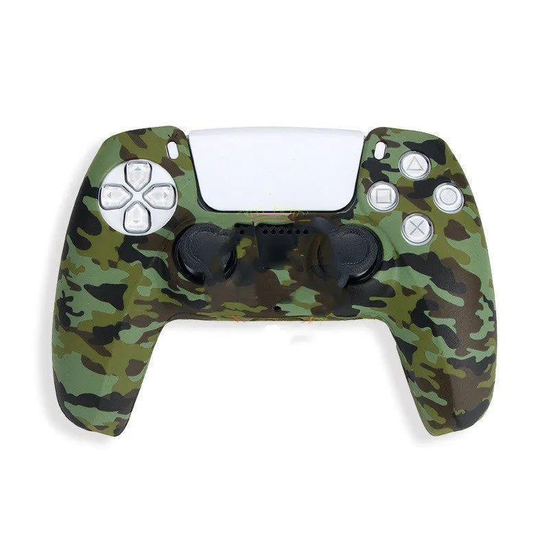 Camouflage pattern silicone protective case for PS5 DualSense controller showing textured grip surface