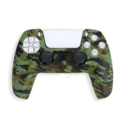 Camouflage pattern silicone protective case for PS5 DualSense controller showing textured grip surface