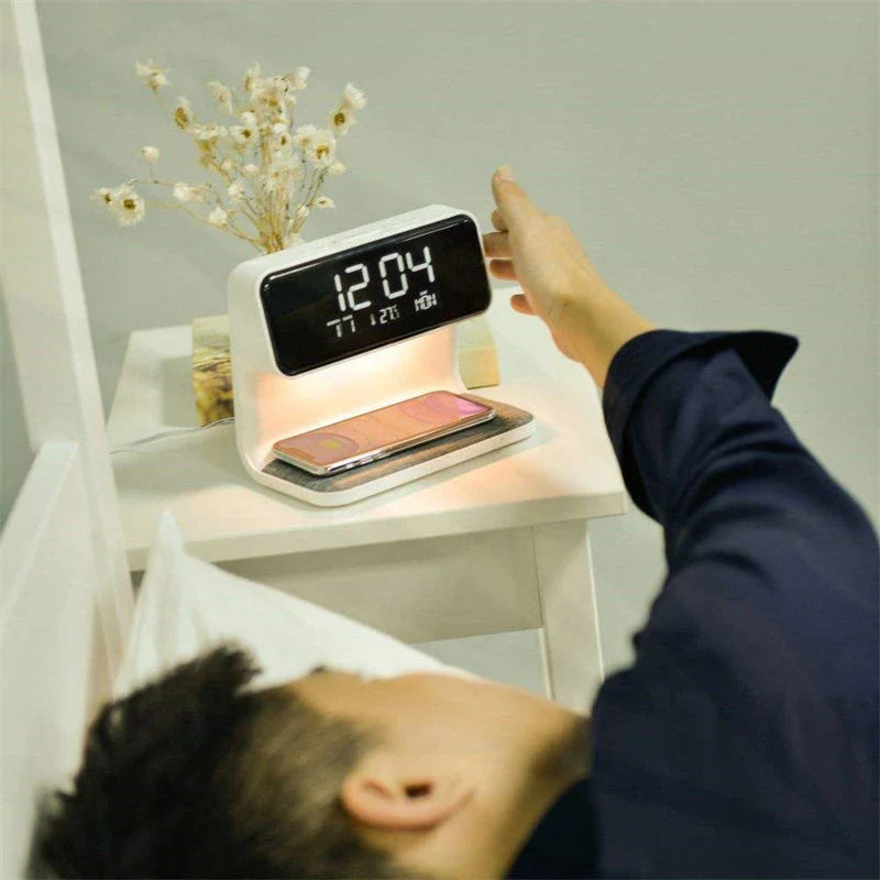 Chic 3-in-1 Bedside Lamp with Wireless Charging, Dimmable Lighting, and Alarm Clock for Bedroom or Home Office