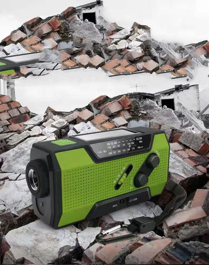 Pocket solar radio in green, red, white, or yellow with engineering plastic body, solar charging, and waterproof build.