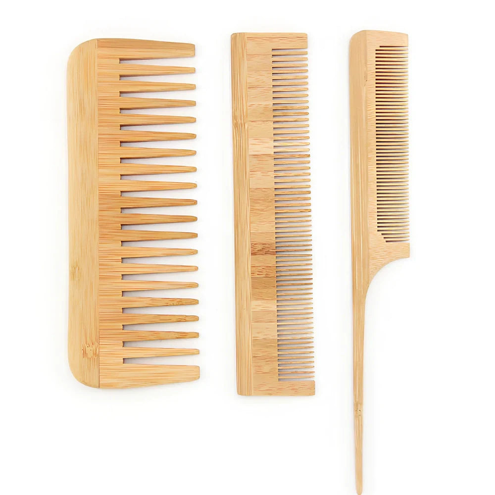 Yellow 3-piece Phoebe wood massage comb set with detangling, styling, and nubbed massage variants, 15-20 cm lengths