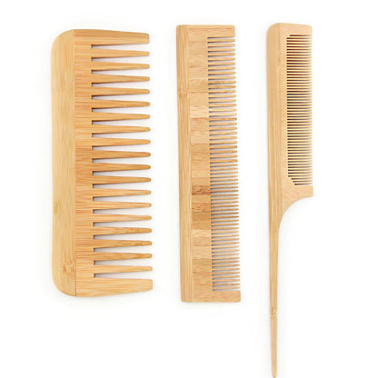 Yellow 3-piece Phoebe wood massage comb set with detangling, styling, and nubbed massage variants, 15-20 cm lengths