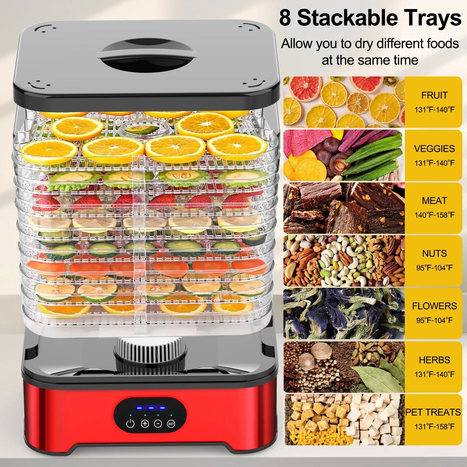 Food dehydrator in silver or red with 8 layers, intelligent controls, and 400W power for household drying
