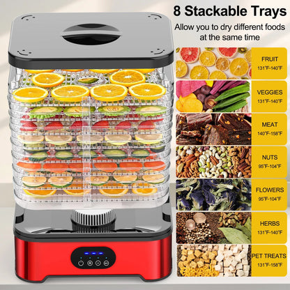Food dehydrator in silver or red with 8 layers, intelligent controls, and 400W power for household drying