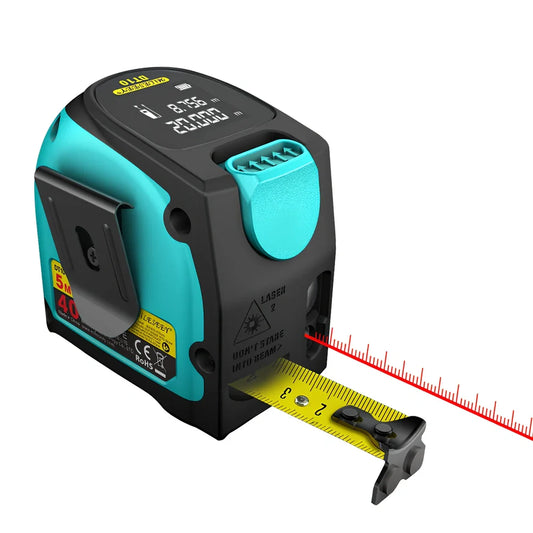 2-in-1 laser and tape measure tool with magnetic hook showing extended blade and laser measurement display