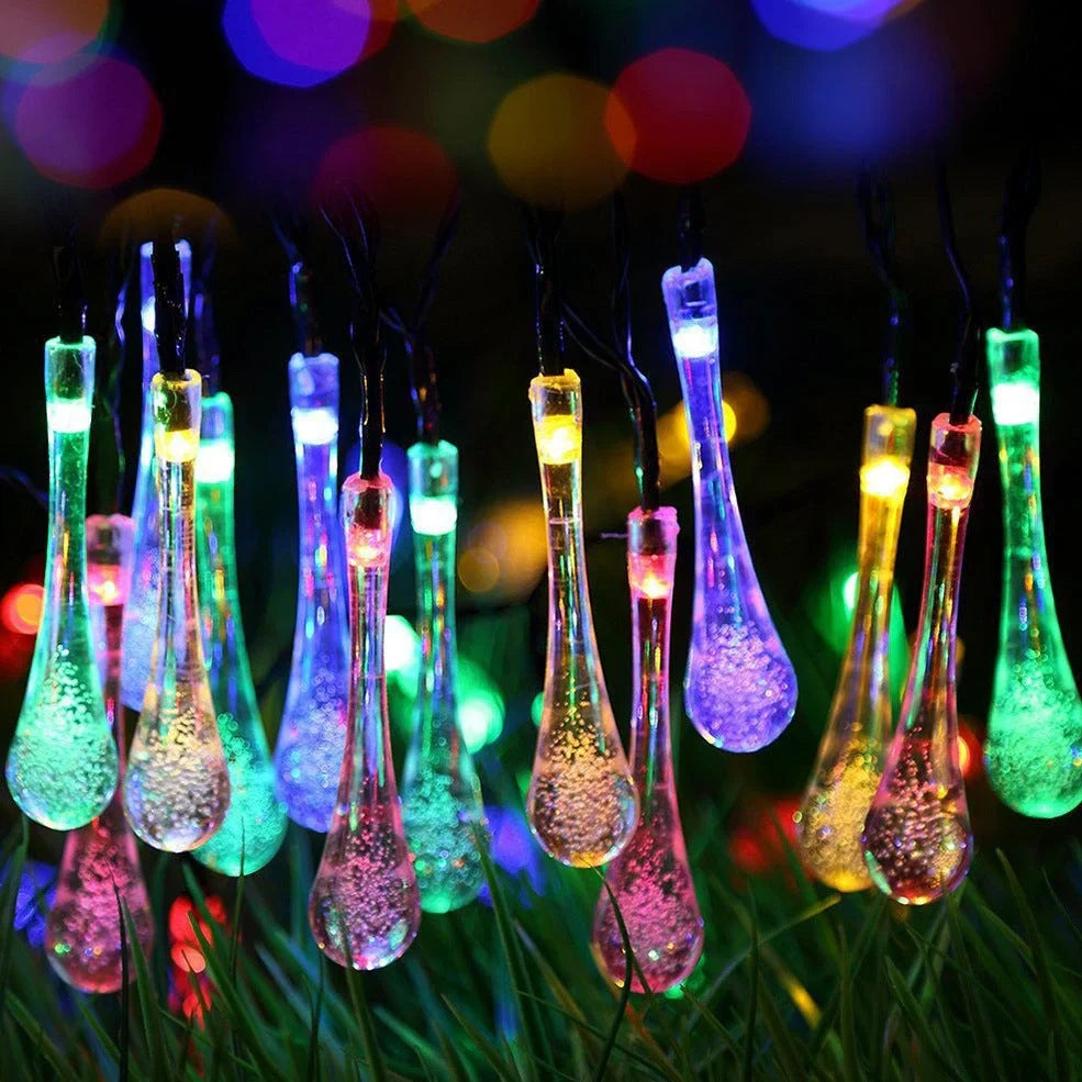30 LED solar water drop string lights, 6.5m waterproof with 2x8cm ABS pendants and ground spike for gardens