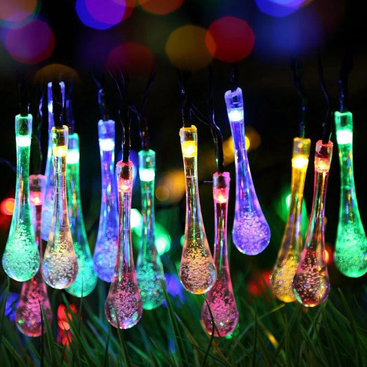 30 LED solar water drop string lights, 6.5m waterproof with 2x8cm ABS pendants and ground spike for gardens