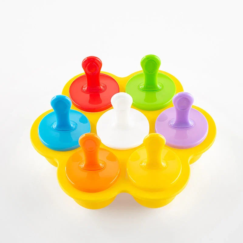 Silicone popsicle mold with 7 cavities in various colors, perfect for making homemade ice cream and frozen treats