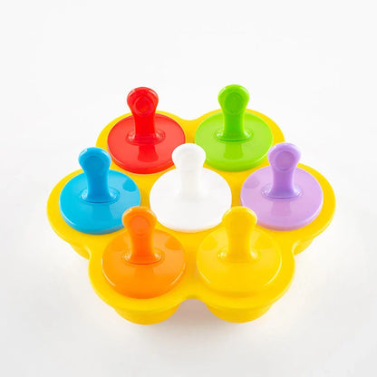 Silicone popsicle mold with 7 cavities in various colors, perfect for making homemade ice cream and frozen treats