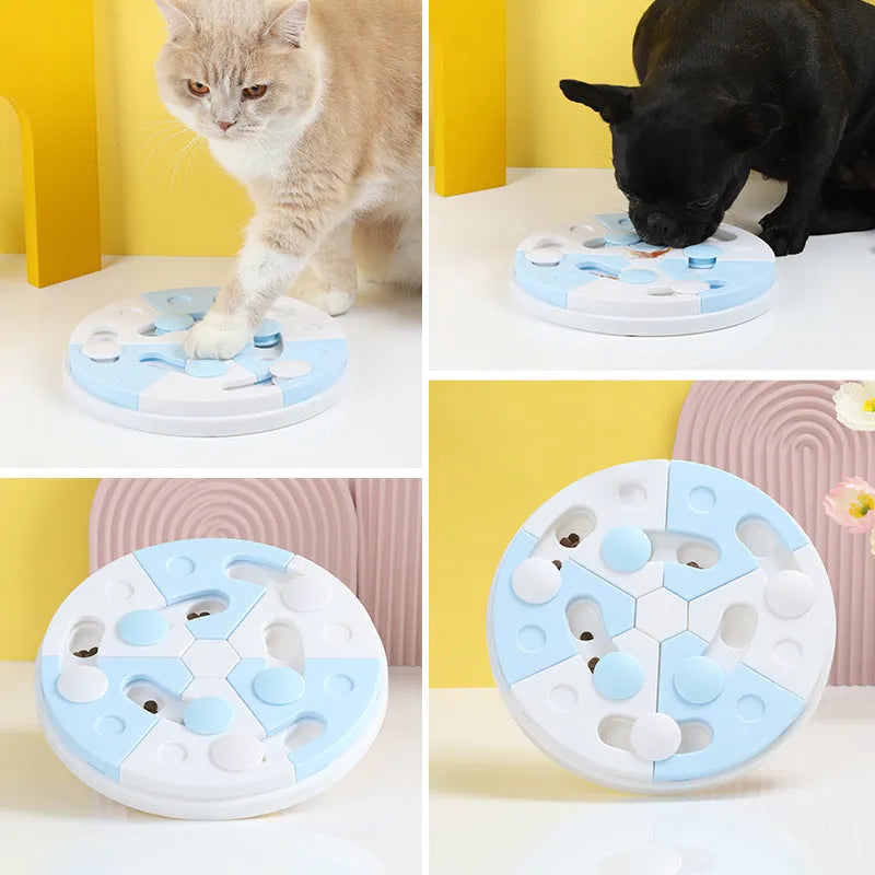 Blue and white jigsaw puzzle dog feeder tray made from PP with separate food compartments