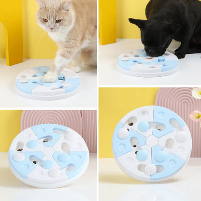 Blue and white jigsaw puzzle dog feeder tray made from PP with separate food compartments
