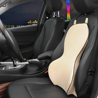 Universal fit memory cotton car lumbar support cushion in solid colour, shown on a car seat.