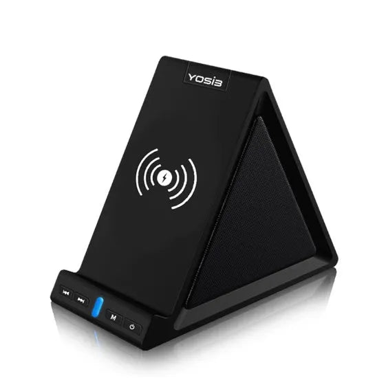 Black multifunctional device with Bluetooth speaker, phone stand, and wireless charging capabilities, dimensions 165x80x130mm