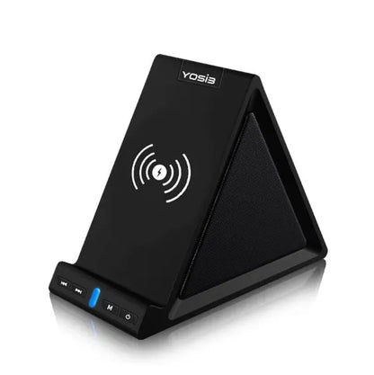 Black multifunctional device with Bluetooth speaker, phone stand, and wireless charging capabilities, dimensions 165x80x130mm