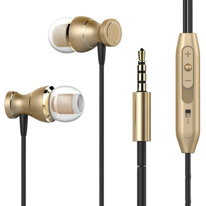 Black in-ear headphones with a 3.5mm straight plug and silicone ear tips on a white background.