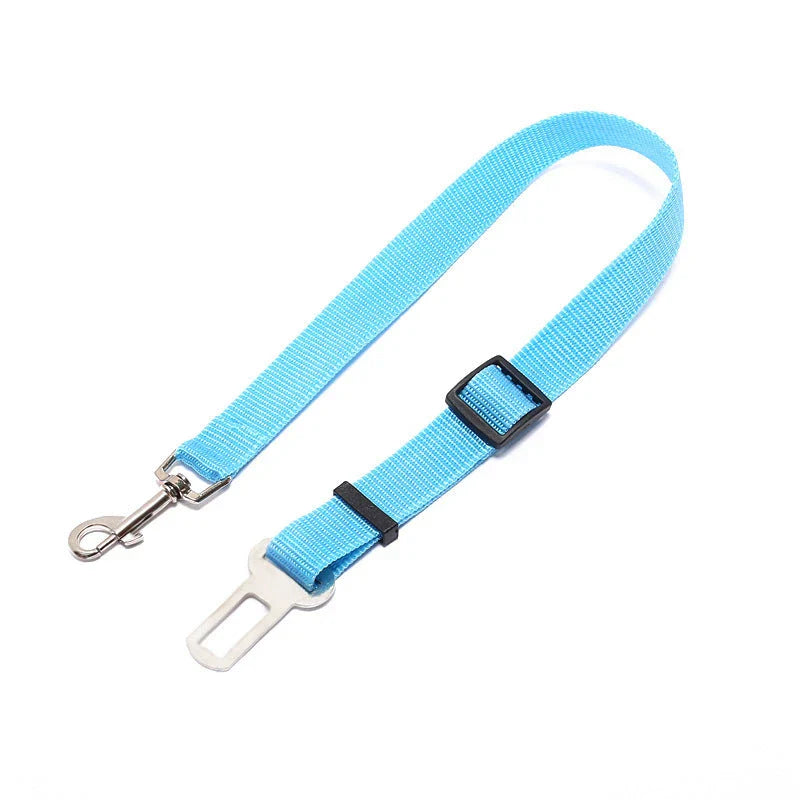 Adjustable dog seat belt with secure clip and buckle for attaching to pet harness and vehicle seatbelt