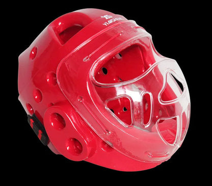 Karate helmet protective headgear in red, white or blue colours available in S, M, L, XL sizes for martial arts training.